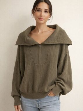Jackson Rowe Oversized Collar Half-Zip Sweater | Olive Green Cozy Knit